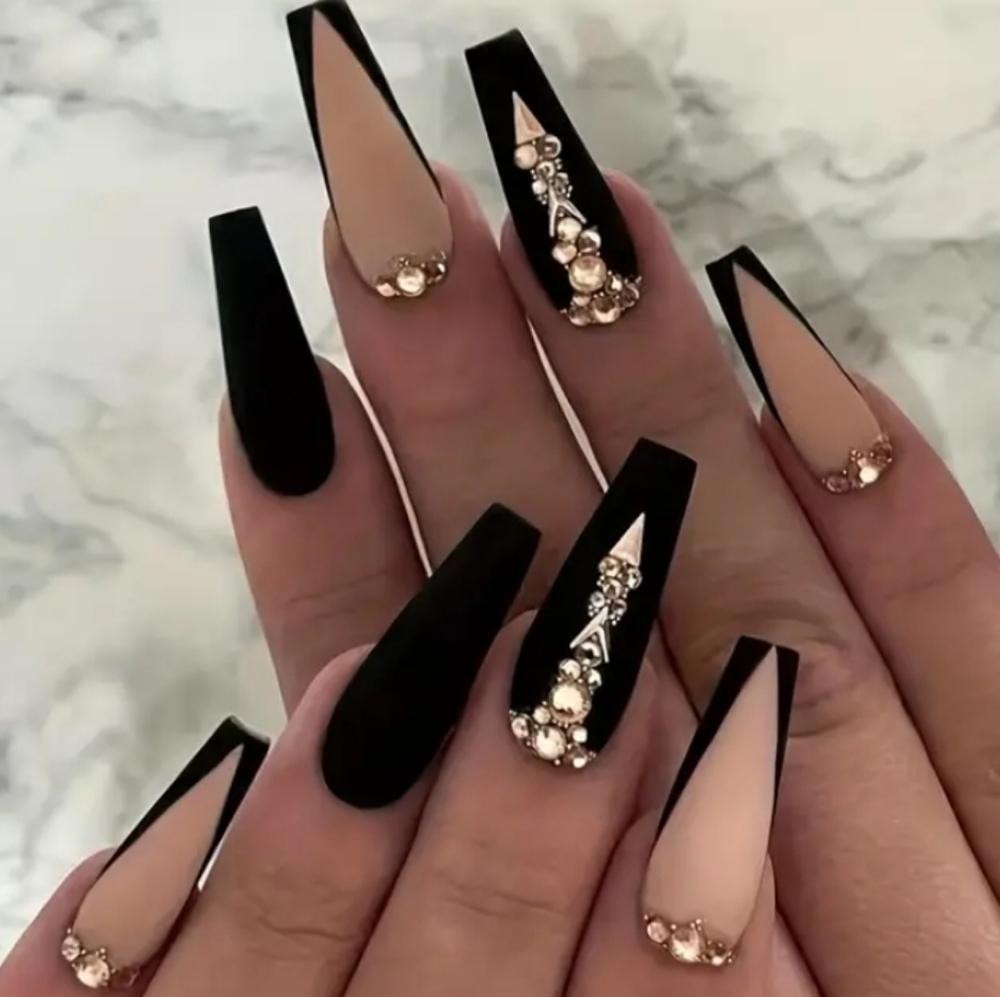 🔥3/$21 Luxury Rhinestone Black French tip Long Press on nails